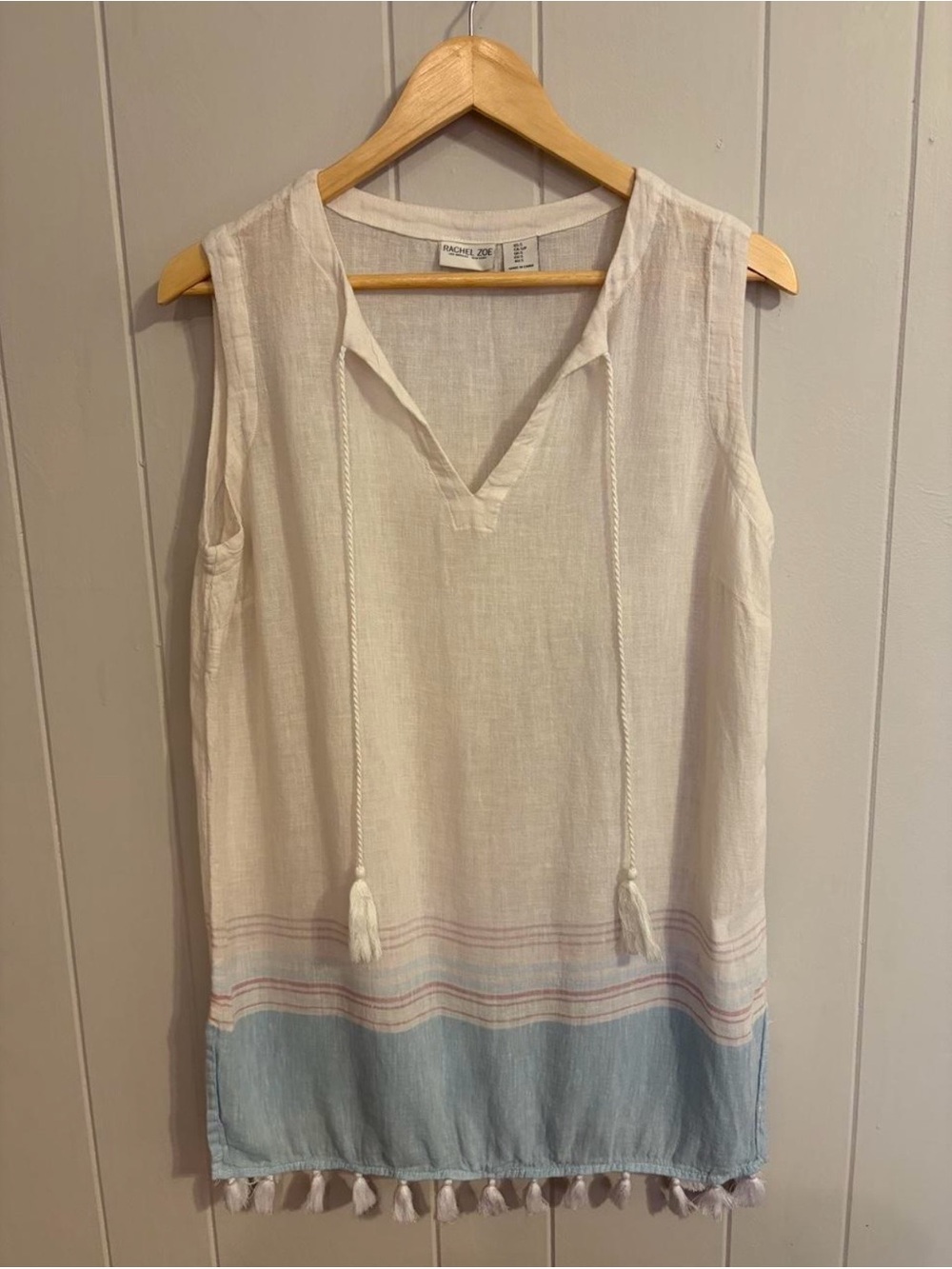 Rachel Zoe Cream Tunic Coverup with Light Blue Hem and Tassels